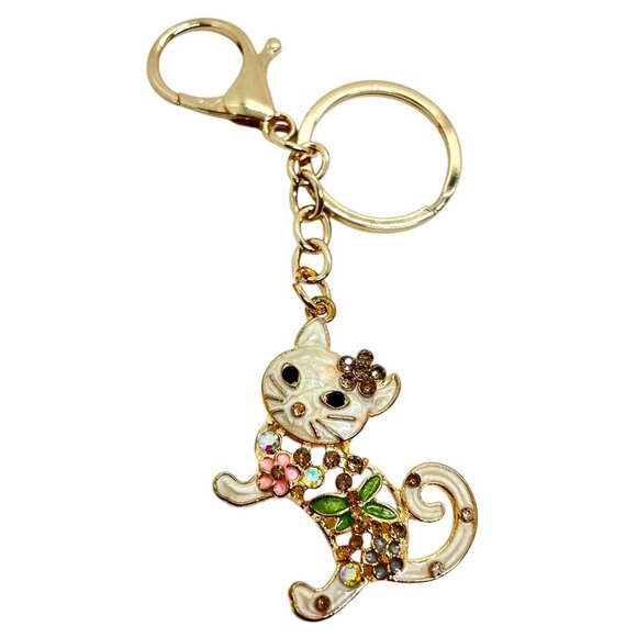 3/$30 CAT KEYCHAIN GOLD TONE ENAMEL RHINESTONE KITTY BAG CHARM BOUTIQUE NWT GIFT - Picture 1 of 10